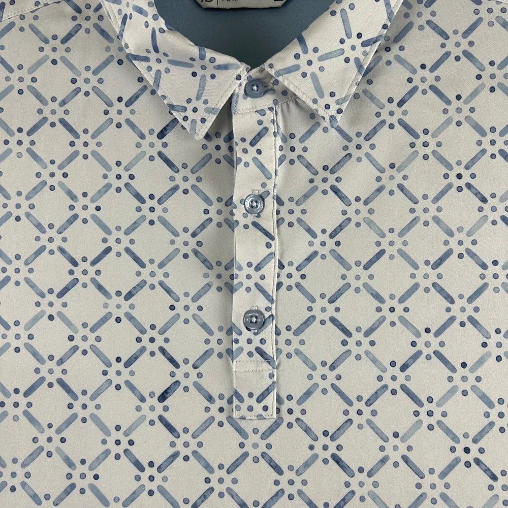 7 Diamonds Marbella Mens Large Blue White Geometric 4-Way Stretch Golf Polo - Picture 2 of 9